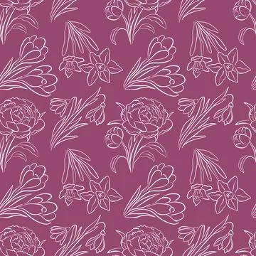 Seamless pattern with spring flower tulip, peony, daffodil and crocus in hand Stock Illustration
