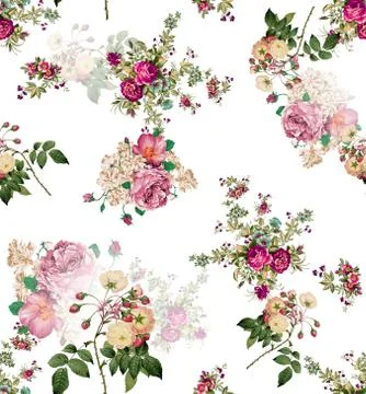 Seamless pattern with spring flowers and leaves. Hand drawn background of rose a Stock Illustration