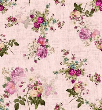 Seamless pattern with spring flowers and leaves. Hand drawn background of rose a Stock Illustration