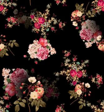 Seamless pattern with spring flowers and leaves. Hand drawn background of rose a Stock Illustration