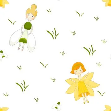 Seamless pattern with spring flowers and fairies Illustrazione stock