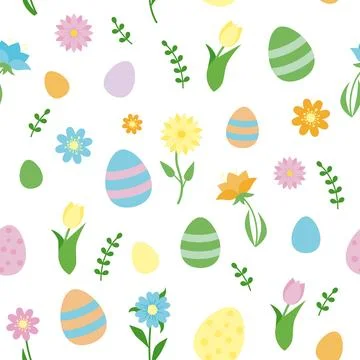 Seamless pattern with spring flowers and easter eggs. 스톡 일러스트