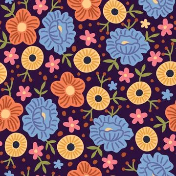 Seamless pattern spring flowers. Hand drawn decorative floral background. Summer Stock Illustration