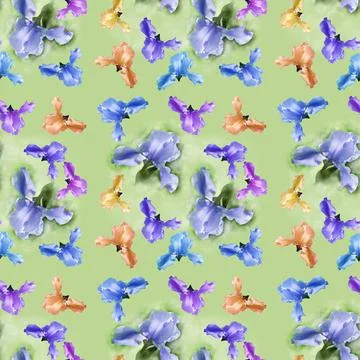 Seamless pattern of spring flowers-irises on a green background Stockfoto's