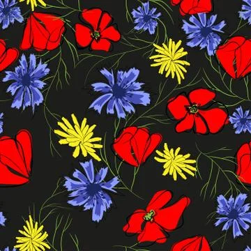 Seamless pattern of spring flowers. Poppy, chamomile, cornflower. Illustratio Stock Illustration