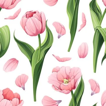 Seamless pattern with spring flowers. Texture with pink tulips and petals. Ve Stock Illustration