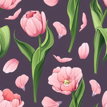 Seamless pattern with spring flowers. Texture with pink tulips and petals. Ve Stock Illustration
