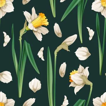 Seamless pattern with spring flowers. Texture with daffodils and petals. Vect Stock Illustration