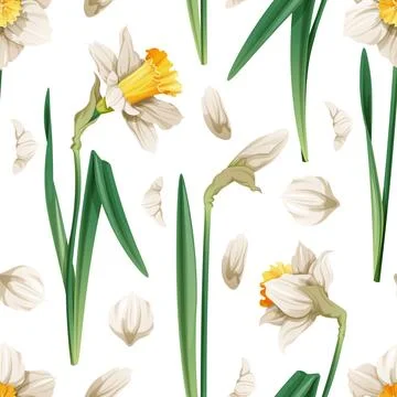 Seamless pattern with spring flowers. Texture with daffodils and petals. Vect Stock Illustration
