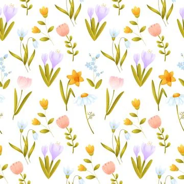 A seamless pattern of spring flowers. Tulip, daffodil, crocus, daisy. Vecto.. Stock Illustration