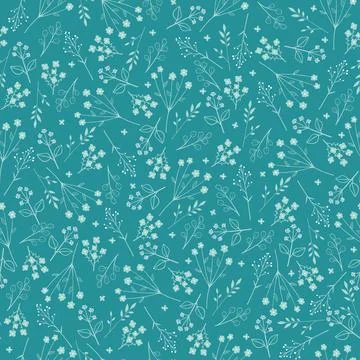 Seamless pattern of spring flowers. Vector illustration. Blue outline on turq 스톡 일러스트