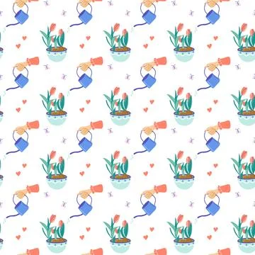 Seamless pattern with Spring flowers, watering plants Stock Illustration
