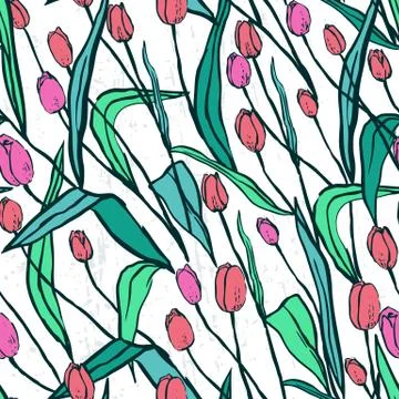 Seamless pattern with spring flowers/Red and pink tulips on white background Stock Illustration