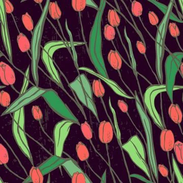 Seamless pattern with spring flowers/Red and orange tulips on dark background 스톡 일러스트