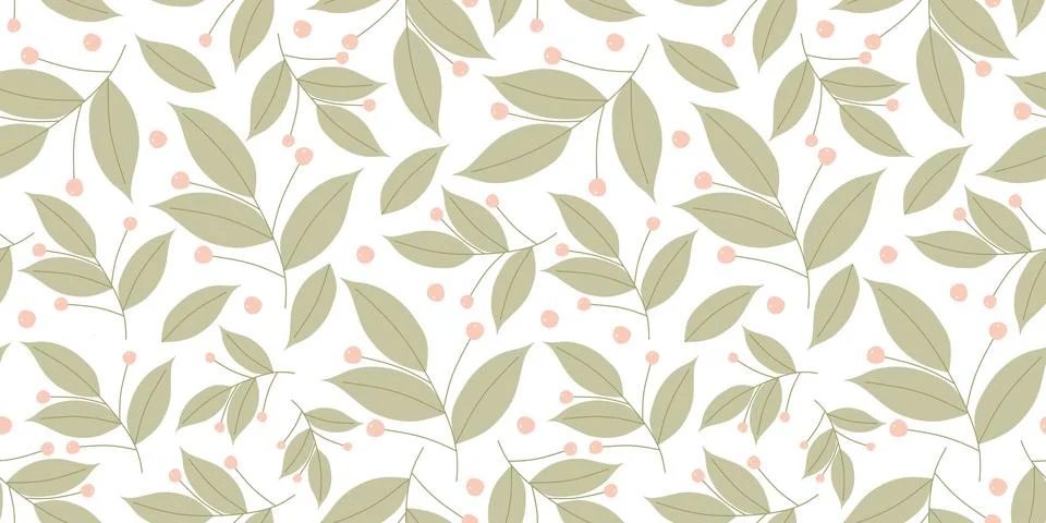 Seamless pattern Spring Green leaves with Berries. Flat Vector Template, Flor Stock Illustration