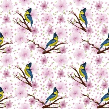 Seamless pattern -Spring illustration with great tit bird on blossom branch Stock Illustration