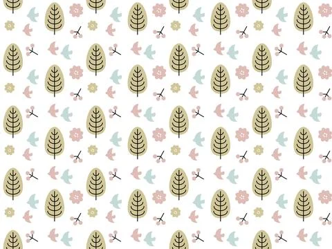 Seamless pattern of spring image with flowers and birds. Stock Illustration