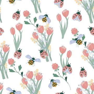 Seamless pattern for spring with ladybug and tulips, vector illustration. Stock Illustration