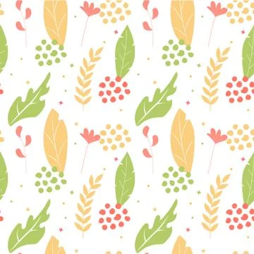 Seamless pattern with spring leaves and dots. Stock Illustration