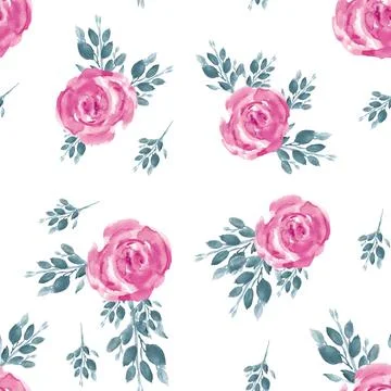 Seamless pattern with spring leaves and flowers. Roses in bloom. Watercolor.. Illustrazione stock