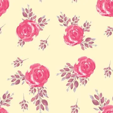 Seamless pattern with spring leaves and flowers. Roses in bloom. Watercolor.. Stock Illustration