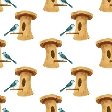 Seamless pattern spring moments - Birdhouse and bird Stock Illustration