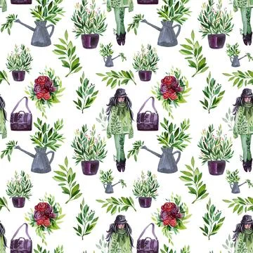 Seamless pattern spring or summer watercolor set with girl, green leaves, bag Stock Illustration
