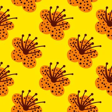Seamless pattern spring plants on bright yellow background. Vector floral tem Stock Illustration