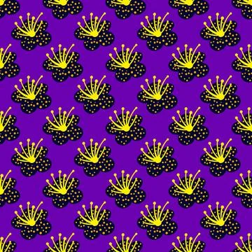 Seamless pattern spring plants on bright purple background. Vector floral tem Stock Illustration
