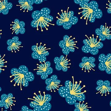 Seamless pattern spring plants on dark blue background. Vector floral templat Stock Illustration