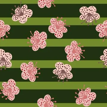Seamless pattern spring plants on green striped background. Vector floral tem Stock Illustration