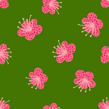 Seamless pattern spring plants on green background. Vector floral template in Stock Illustration