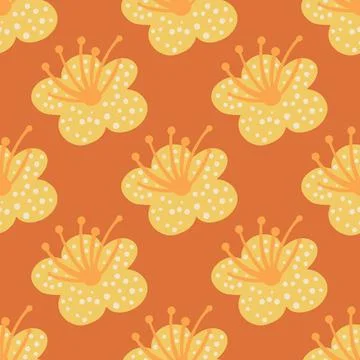 Seamless pattern spring plants on orange background. Vector floral template i 스톡 일러스트