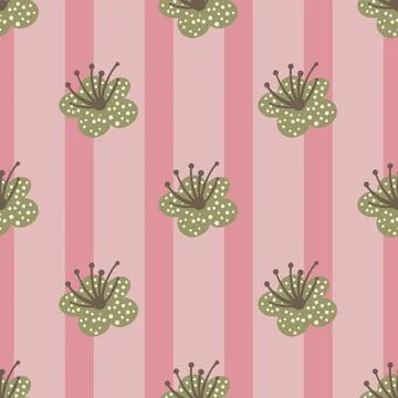 Seamless pattern spring plants on pink striped background. Vector floral temp 스톡 일러스트
