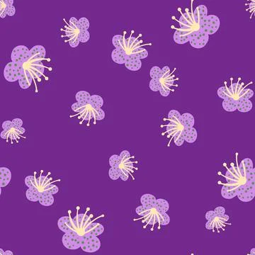 Seamless pattern spring plants on purple background. Vector floral template i Stock Illustration