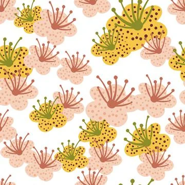 Seamless pattern spring plants on white background. Vector floral template in Stock Illustration