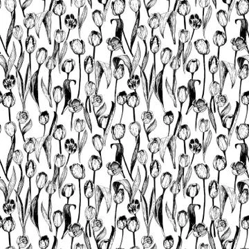 Seamless pattern with spring tulips are in engraving style Stock Illustration