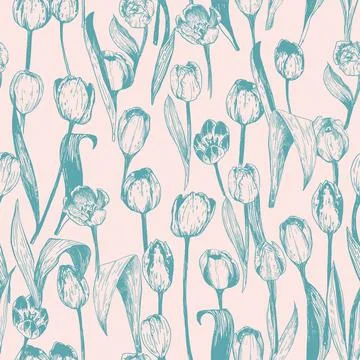 Seamless pattern with spring tulips are in engraving style Illustrazione stock