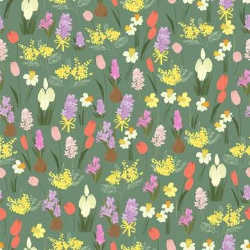 Seamless Pattern with Spring Tulips, Mimosa and Daffodils Stock Illustration