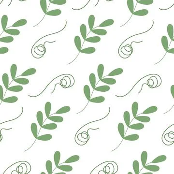 Seamless pattern of spring twigs with small leaves and curly decorative elements Stock Illustration