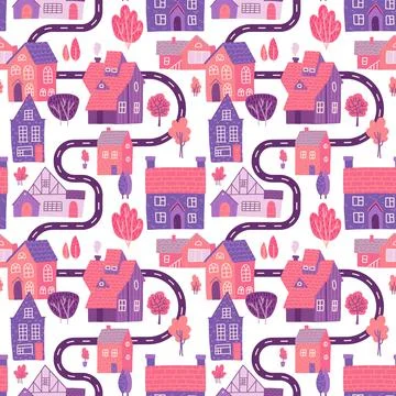 Seamless pattern with spring village with road, houses and trees. Landscape map Illustrazione stock