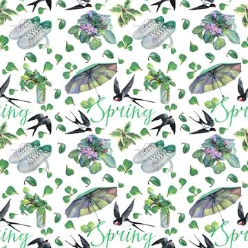 Seamless pattern spring watercolor set: umbrella, flower, green leaves, sneakers Stock Illustration