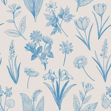 Seamless pattern with spring wildflowers. Hand-drawn detailed vector illust.. Stock Illustration