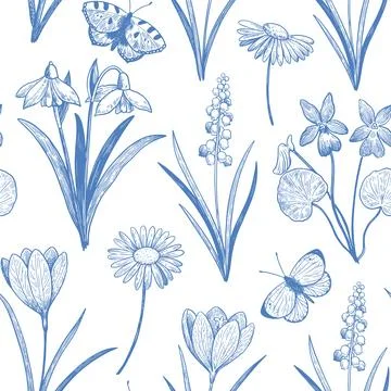 Seamless pattern with spring wildflowers. Hand-drawn detailed vector illust.. Illustrazione stock
