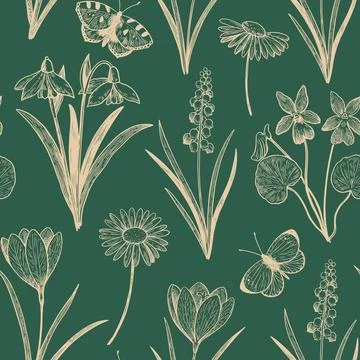 Seamless pattern with spring wildflowers. Hand-drawn detailed vector illust.. Illustrazione stock