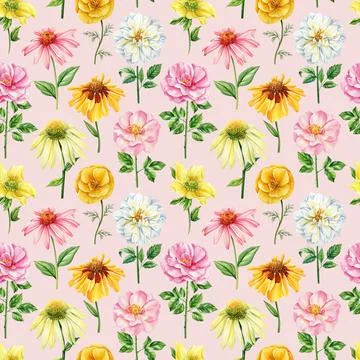 Seamless pattern with spring wildflowers watercolor. Floral design, elegant Stock Illustration