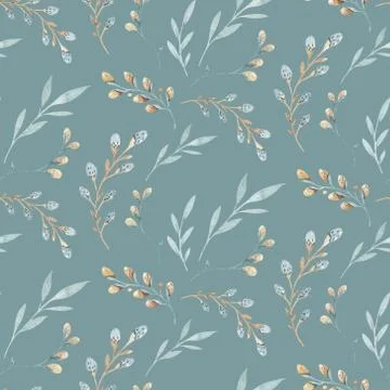 Seamless pattern with spring willow flowers and leaves. Easter Hand drawn 스톡 일러스트