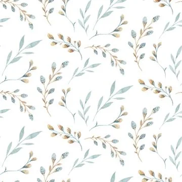 Seamless pattern with spring willow flowers and leaves. Easter Hand drawn Stock Illustration