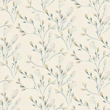 Seamless pattern with spring willow flowers and leaves. Easter Hand drawn Stockillustratie