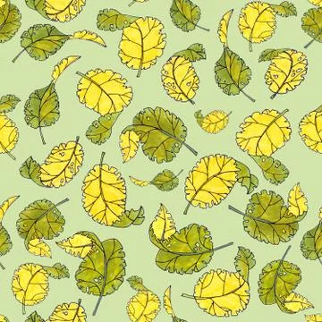 Seamless pattern of spring yellow green leaves on a light green background Stock Illustration